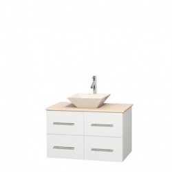 36 inch Single Bathroom Vanity in Matte White, Ivory Marble Countertop, Pyra Bone Porcelain Sink, and No Mirror