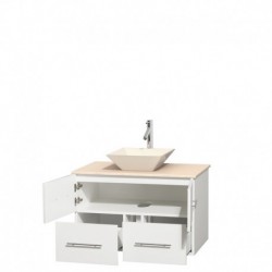 36 inch Single Bathroom Vanity in Matte White, Ivory Marble Countertop, Pyra Bone Porcelain Sink, and No Mirror