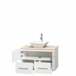 36 inch Single Bathroom Vanity in Matte White, Ivory Marble Countertop, Pyra White Porcelain Sink, and No Mirror