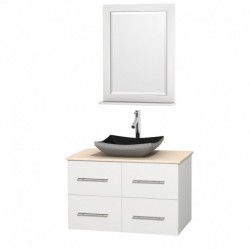 36 inch Single Bathroom Vanity in Matte White, Ivory Marble Countertop, Altair Black Granite Sink, and 24 inch Mirror