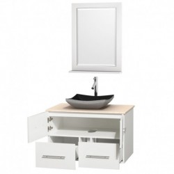 36 inch Single Bathroom Vanity in Matte White, Ivory Marble Countertop, Altair Black Granite Sink, and 24 inch Mirror