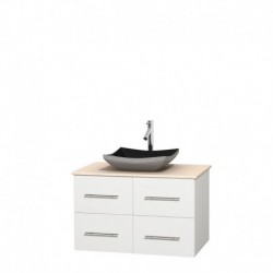 36 inch Single Bathroom Vanity in Matte White, Ivory Marble Countertop, Altair Black Granite Sink, and No Mirror