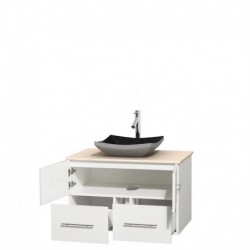 36 inch Single Bathroom Vanity in Matte White, Ivory Marble Countertop, Altair Black Granite Sink, and No Mirror