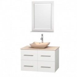 36 inch Single Bathroom Vanity in Matte White, Ivory Marble Countertop, Avalon Ivory Marble Sink, and 24 inch Mirror