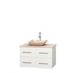 36 inch Single Bathroom Vanity in Matte White, Ivory Marble Countertop, Avalon Ivory Marble Sink, and No Mirror