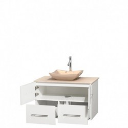 36 inch Single Bathroom Vanity in Matte White, Ivory Marble Countertop, Avalon Ivory Marble Sink, and No Mirror