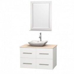 36 inch Single Bathroom Vanity in Matte White, Ivory Marble Countertop, Avalon White Carrera Marble Sink, and 24 inch Mirror
