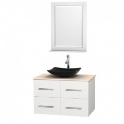 36 inch Single Bathroom Vanity in Matte White, Ivory Marble Countertop, Arista Black Granite Sink, and 24 inch Mirror