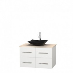 36 inch Single Bathroom Vanity in Matte White, Ivory Marble Countertop, Arista Black Granite Sink, and No Mirror