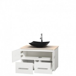 36 inch Single Bathroom Vanity in Matte White, Ivory Marble Countertop, Arista Black Granite Sink, and No Mirror