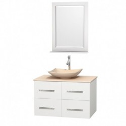 36 inch Single Bathroom Vanity in Matte White, Ivory Marble Countertop, Arista Ivory Marble Sink, and 24 inch Mirror