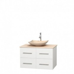 36 inch Single Bathroom Vanity in Matte White, Ivory Marble Countertop, Arista Ivory Marble Sink, and No Mirror