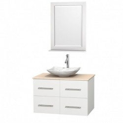 36 inch Single Bathroom Vanity in Matte White, Ivory Marble Countertop, Arista White Carrera Marble Sink, and 24 inch Mirror