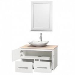 36 inch Single Bathroom Vanity in Matte White, Ivory Marble Countertop, Arista White Carrera Marble Sink, and 24 inch Mirror