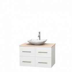 36 inch Single Bathroom Vanity in Matte White, Ivory Marble Countertop, Arista White Carrera Marble Sink, and No Mirror