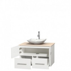 36 inch Single Bathroom Vanity in Matte White, Ivory Marble Countertop, Arista White Carrera Marble Sink, and No Mirror