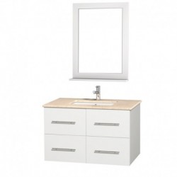 36 inch Single Bathroom Vanity in Matte White, Ivory Marble Countertop, Square Porcelain Undermount Sink, and 24 inch Mirror