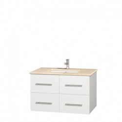 36 inch Single Bathroom Vanity in Matte White, Ivory Marble Countertop, Undermount Square Sink, and No Mirror