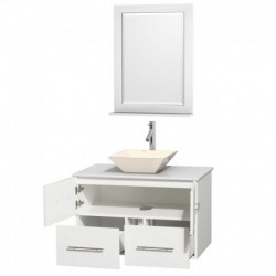 36 inch Single Bathroom Vanity in Matte White, White Man-Made Stone Countertop, Pyra Bone Porcelain Sink, and 24 inch Mirror
