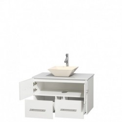 36 inch Single Bathroom Vanity in Matte White, White Man-Made Stone Countertop, Pyra Bone Porcelain Sink, and No Mirror