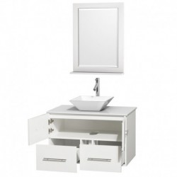 36 inch Single Bathroom Vanity in Matte White, White Man-Made Stone Countertop, Pyra White Porcelain Sink, and 24 inch Mirror
