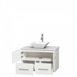 36 inch Single Bathroom Vanity in Matte White, White Man-Made Stone Countertop, Pyra White Porcelain Sink, and No Mirror