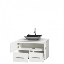 36 inch Single Bathroom Vanity in Matte White, White Man-Made Stone Countertop, Altair Black Granite Sink, and No Mirror