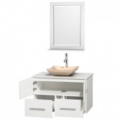 36 inch Single Bathroom Vanity in Matte White, White Man-Made Stone Countertop, Avalon Ivory Marble Sink, and 24 inch Mirror