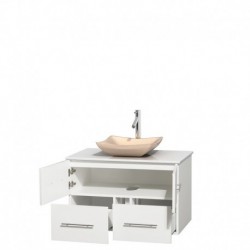 36 inch Single Bathroom Vanity in Matte White, White Man-Made Stone Countertop, Avalon Ivory Marble Sink, and No Mirror
