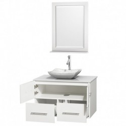 36 inch Single Bathroom Vanity in Matte White, White Man-Made Stone Countertop, Avalon White Carrera Marble Sink, and 24 inch M