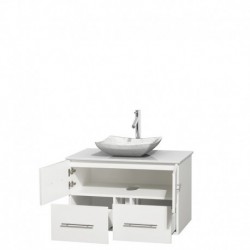 36 inch Single Bathroom Vanity in Matte White, White Man-Made Stone Countertop, Avalon White Carrera Marble Sink, and No Mirror