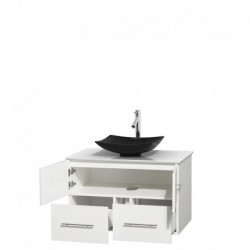 36 inch Single Bathroom Vanity in Matte White, White Man-Made Stone Countertop, Arista Black Granite Sink, and No Mirror