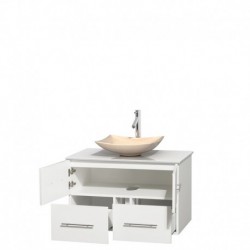 36 inch Single Bathroom Vanity in Matte White, White Man-Made Stone Countertop, Arista Ivory Marble Sink, and No Mirror