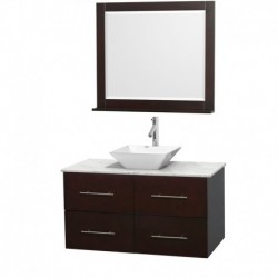 42 inch Single Bathroom Vanity in Espresso, White Carrera Marble Countertop, Pyra White Porcelain Sink, and 36 inch Mirror