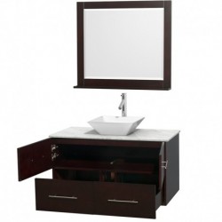 42 inch Single Bathroom Vanity in Espresso, White Carrera Marble Countertop, Pyra White Porcelain Sink, and 36 inch Mirror