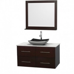42 inch Single Bathroom Vanity in Espresso, White Carrera Marble Countertop, Altair Black Granite Sink, and 36 inch Mirror