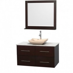42 inch Single Bathroom Vanity in Espresso, White Carrera Marble Countertop, Avalon Ivory Marble Sink, and 36 inch Mirror