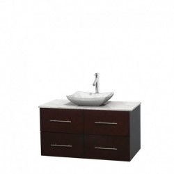 42 inch Single Bathroom Vanity in Espresso, White Carrera Marble Countertop, Avalon White Carrera Marble Sink, and No Mirror