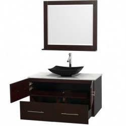 42 inch Single Bathroom Vanity in Espresso, White Carrera Marble Countertop, Arista Black Granite Sink, and 36 inch Mirror