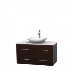 42 inch Single Bathroom Vanity in Espresso, White Carrera Marble Countertop, Arista White Carrera Marble Sink, and No Mirror