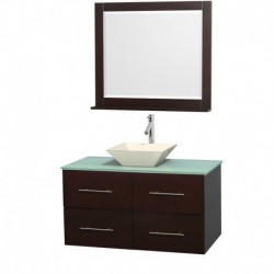 42 inch Single Bathroom Vanity in Espresso, Green Glass Countertop, Pyra Bone Porcelain Sink, and 36 inch Mirror