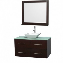 42 inch Single Bathroom Vanity in Espresso, Green Glass Countertop, Pyra White Porcelain Sink, and 36 inch Mirror