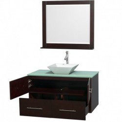 42 inch Single Bathroom Vanity in Espresso, Green Glass Countertop, Pyra White Porcelain Sink, and 36 inch Mirror