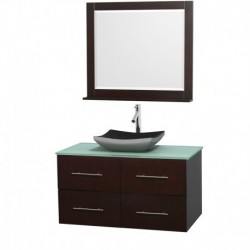 42 inch Single Bathroom Vanity in Espresso, Green Glass Countertop, Altair Black Granite Sink, and 36 inch Mirror