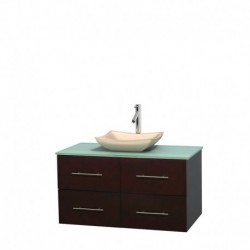 42 inch Single Bathroom Vanity in Espresso, Green Glass Countertop, Avalon Ivory Marble Sink, and No Mirror