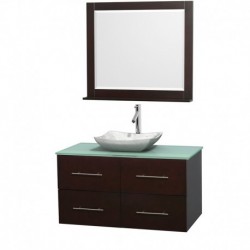 42 inch Single Bathroom Vanity in Espresso, Green Glass Countertop, Avalon White Carrera Marble Sink, and 36 inch Mirror