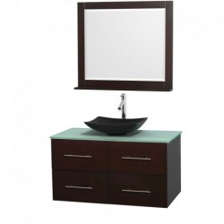 42 inch Single Bathroom Vanity in Espresso, Green Glass Countertop, Arista Black Granite Sink, and 36 inch Mirror