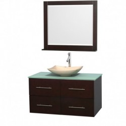42 inch Single Bathroom Vanity in Espresso, Green Glass Countertop, Arista Ivory Marble Sink, and 36 inch Mirror