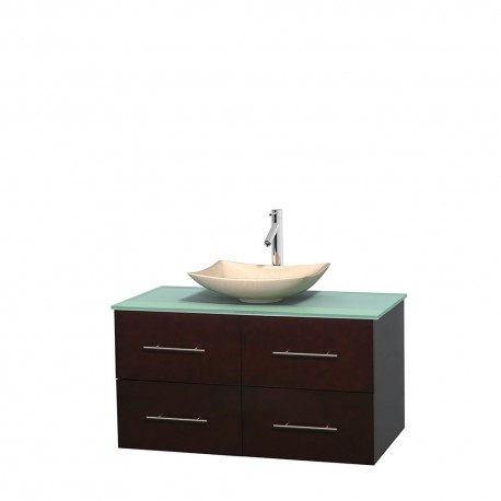 42 inch Single Bathroom Vanity in Espresso, Green Glass Countertop, Arista Ivory Marble Sink, and No Mirror