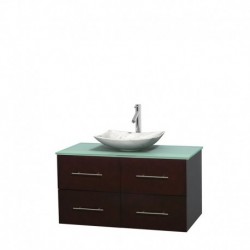 42 inch Single Bathroom Vanity in Espresso, Green Glass Countertop, Arista White Carrera Marble Sink, and No Mirror